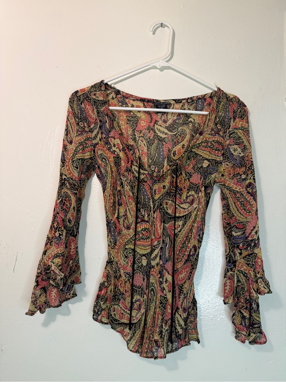 Y2K Vintage Boho Paisley Bell Sleeve Mesh Blouse - Small